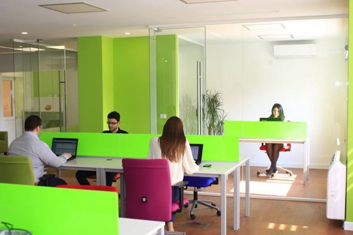 Rows of desks with green dividers